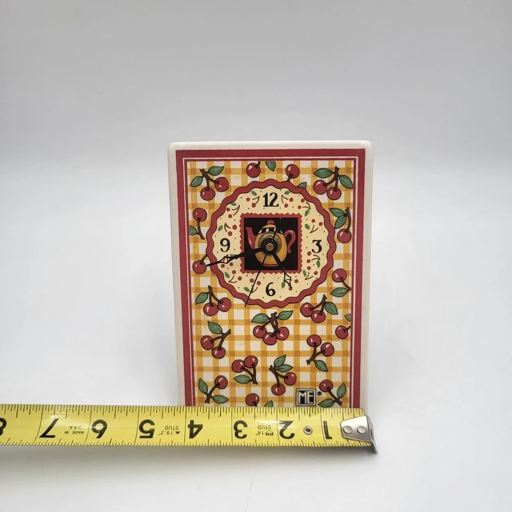 Vintage Mary Engelbreit Ceramic Tile Table, Wall Clock‎ Gingham Cherries-Works!